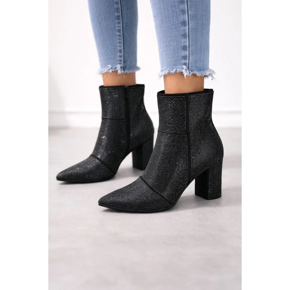 Forever Link Women's Rhinestone Embellished Pointed Toe Ankle Bootie Size 6.5
